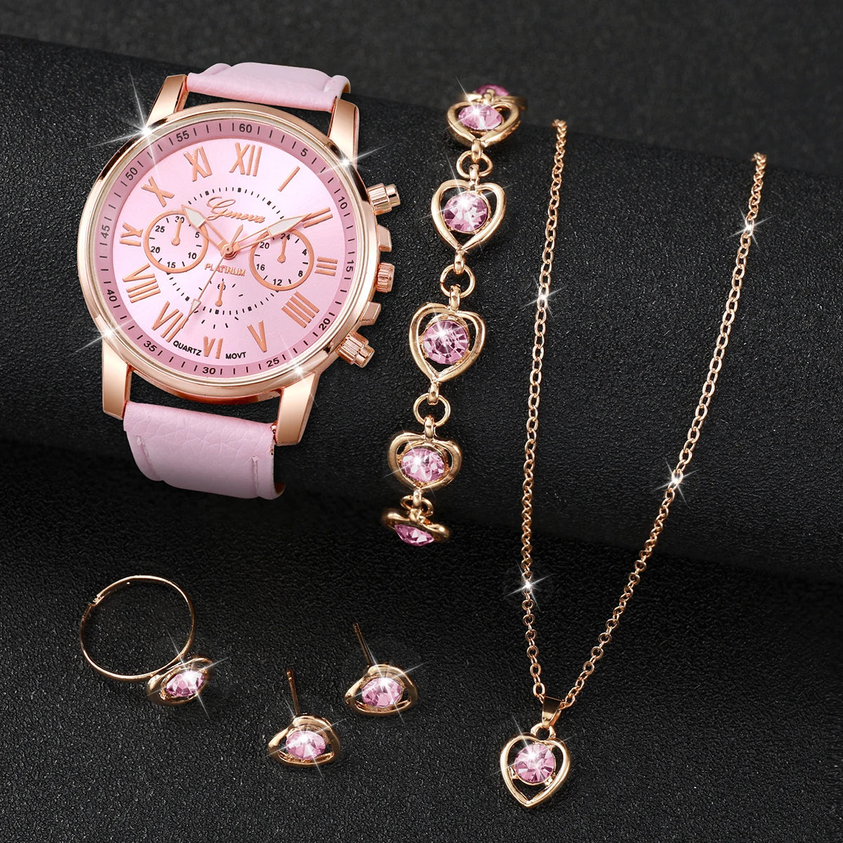 Fashion Women's Quartz Wrist Watch Set with Leather Band and Jewelry Accessories
