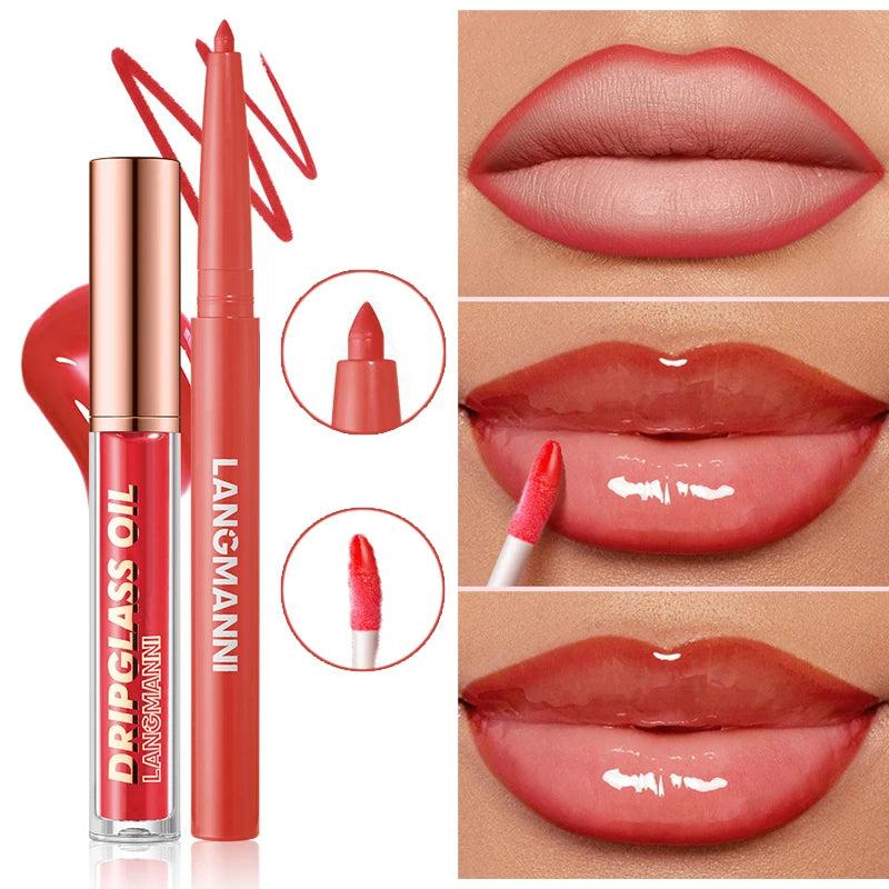 Matte Lip Liner & Lip Gloss Set - Waterproof Long-Lasting Lip Makeup Kit
