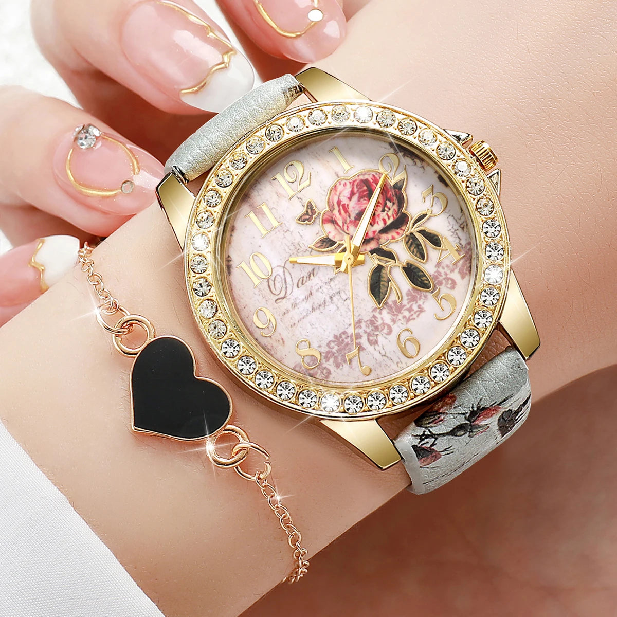 Fashion Women's Quartz Watch Set with Floral Print Leather Band Multiple Colors