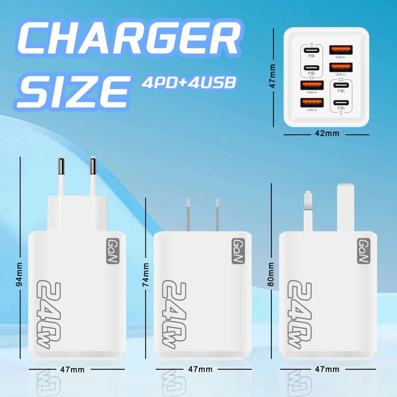 240W GaN USB C Charger 8-in-1 Fast Charging Power Adapter for Smartphones