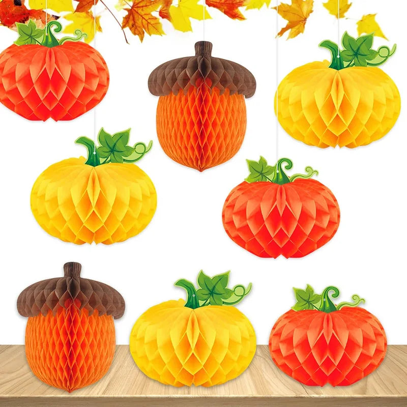 3-Pack Pumpkin Chestnut Honeycomb Decorations for Thanksgiving Halloween Party