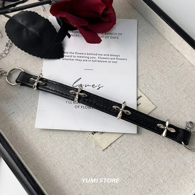 Vintage Cross Flower Leather Bracelet for Women Gothic Punk Adjustable Jewelry