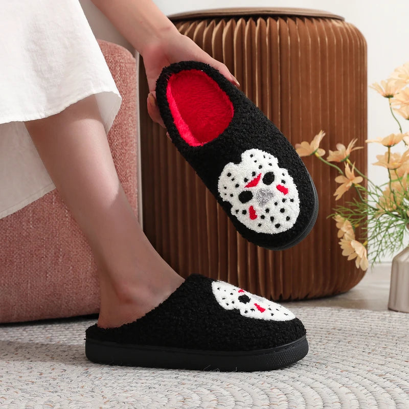 Warm Non-Slip Plush Indoor Slippers for Men and Women - Halloween Skull Pattern, Autumn Winter Gift
