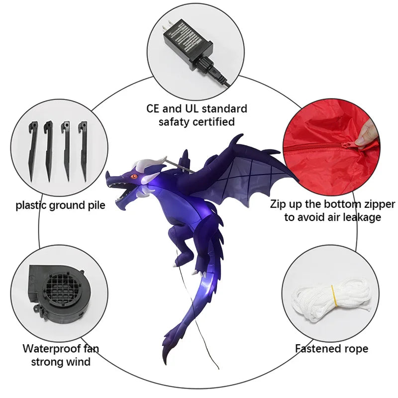 Inflatable Flying Dragon LED Lighted Halloween Ornament for Garden & Outdoor Decor