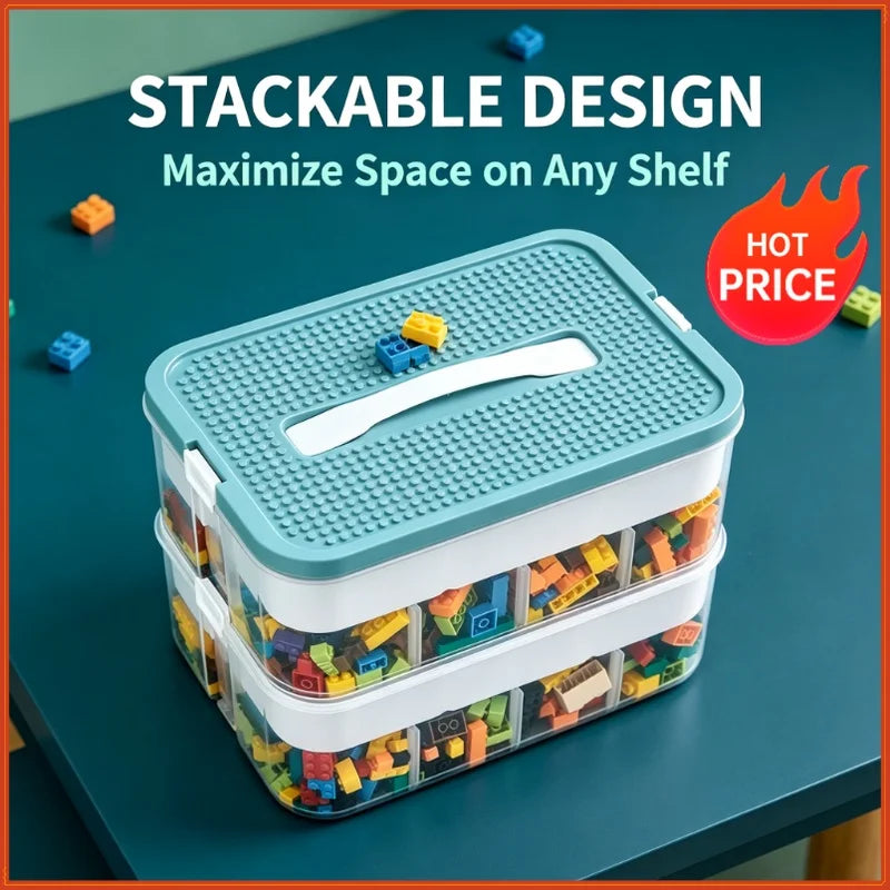 Kids Building Block Storage Box 2-Layer Adjustable Toy Organizer Container