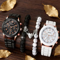 Men and Women Couple Watch Set with Love Bead Bracelet - Minimalist Silicone Band