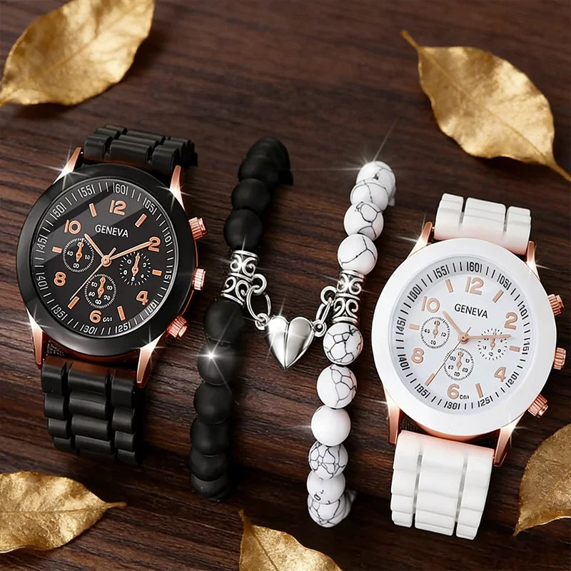 Men and Women Couple Watch Set with Love Bead Bracelet - Minimalist Silicone Band