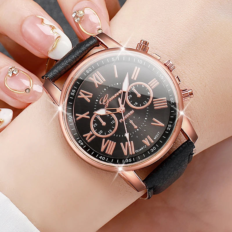 Women's Fashion Quartz Watches Set 5PCS Leather & Silicone Bands Multiple Colors