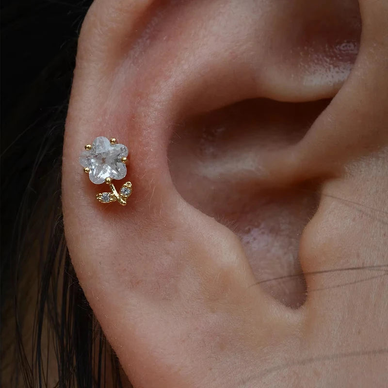 Dainty Sparkly CZ Flower Stud Earrings for Women Stainless Steel Jewelry