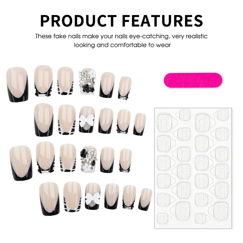 24pcs French Leopard Nail Set with 3D Bowknot & Rhinestone Stars - False Nails for Manicure