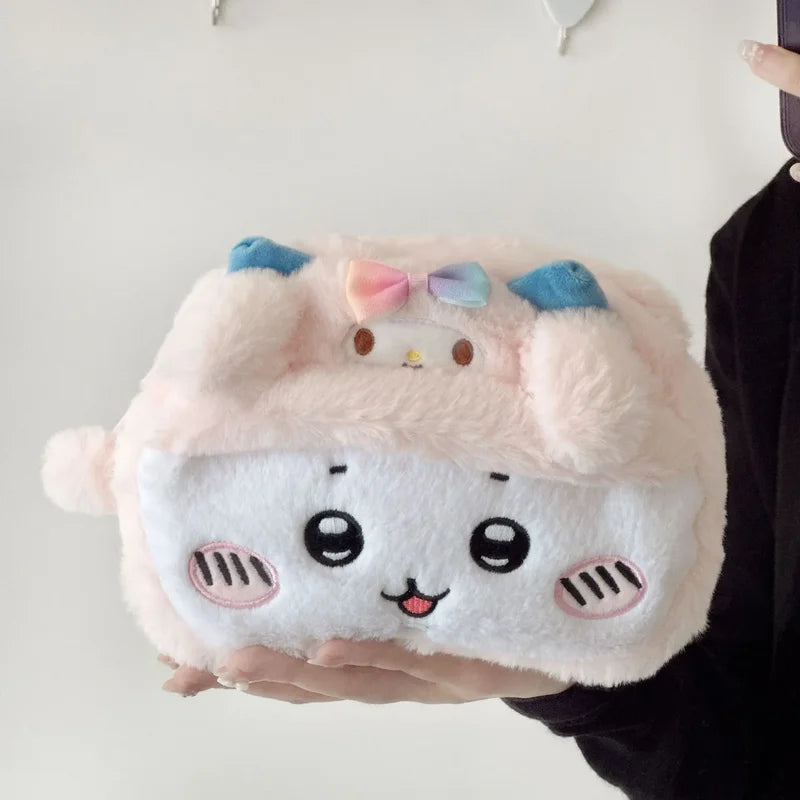 Kawaii Cartoon Plush Pen Bag Large Capacity Fluffy Stationery Organizer with Animal Face Design