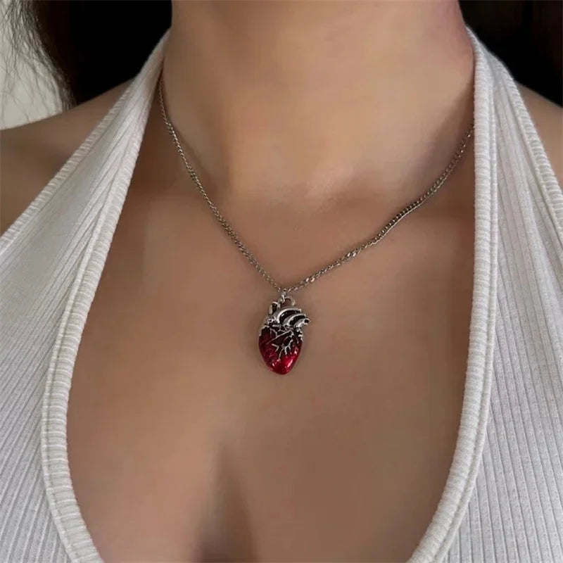 Anatomical Red Heart Necklace Gothic Y2K Grunge Jewelry Dainty Pendant Gift