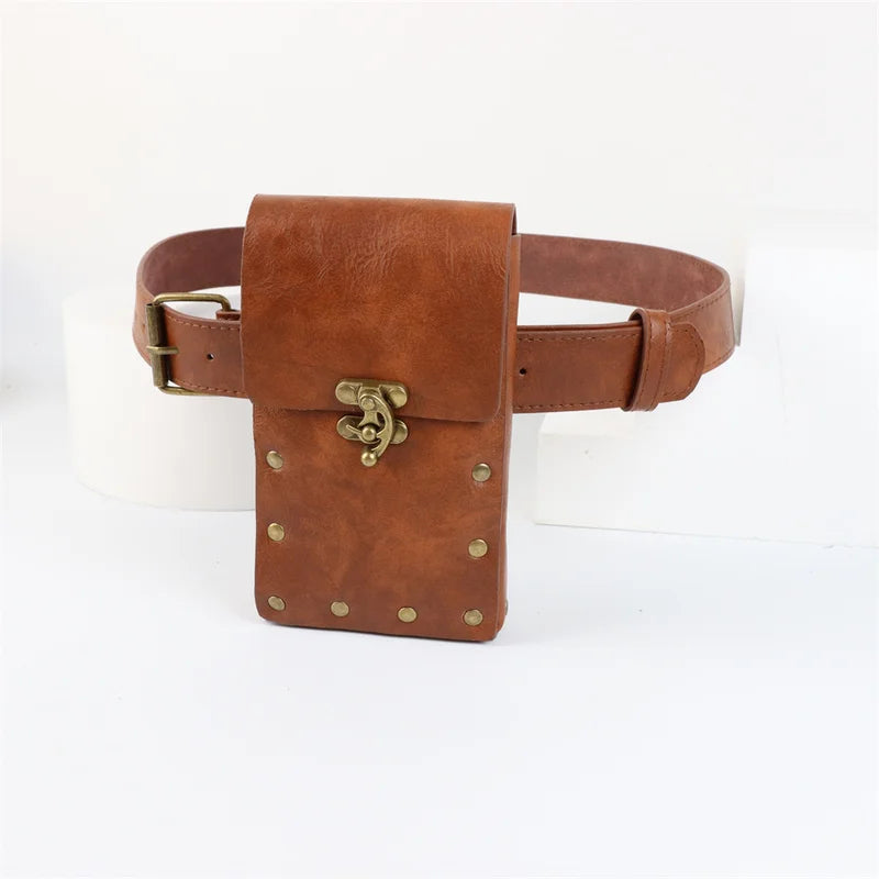 Medieval Cosplay Leather Belt Set with Copper Coin Waist Bag - Multiple Colors