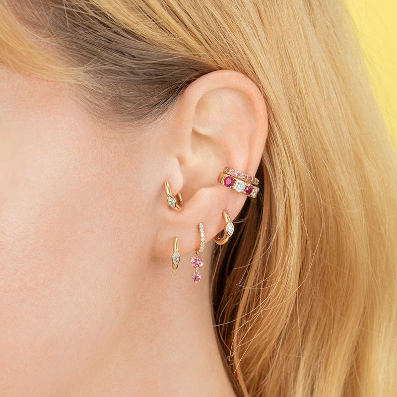 Sterling Silver Geometric Hoop Earrings with Zircon - Multiple Colors