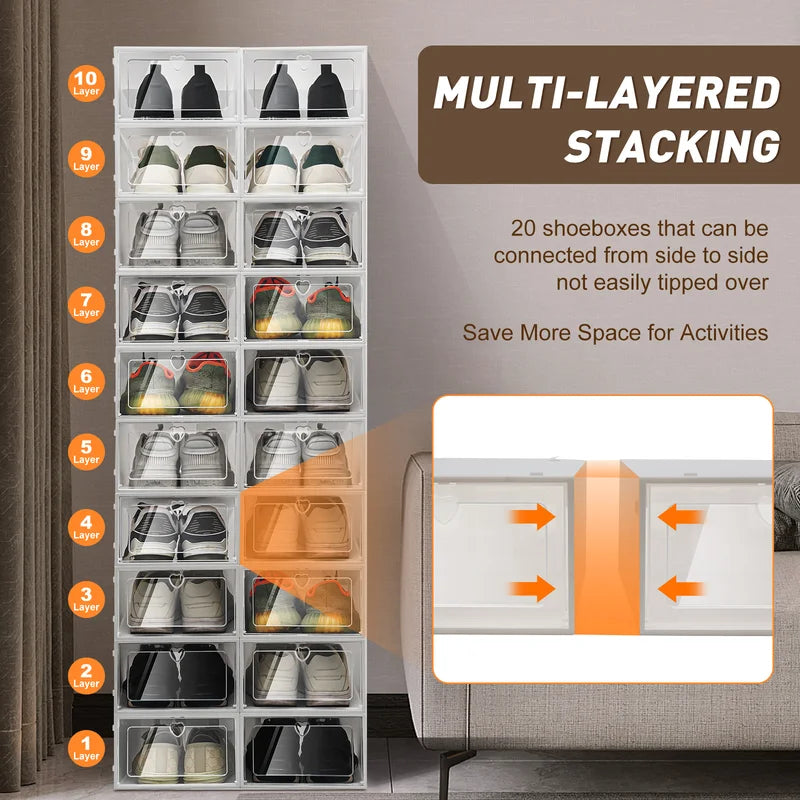 Stackable Transparent Shoe Storage Box with Side Flap - Dustproof & Ventilated, 20pcs