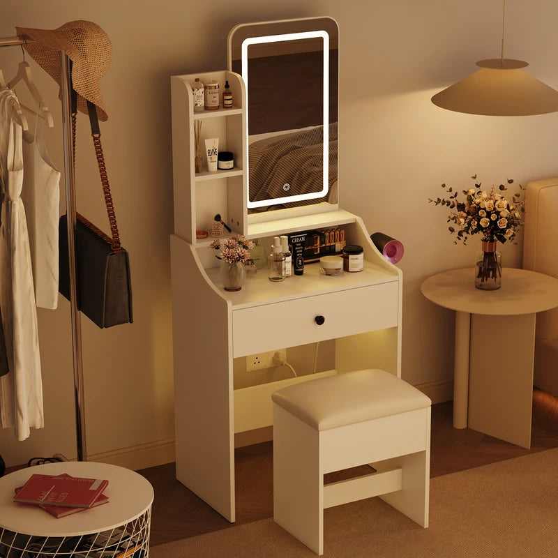 Living Room Wood Cabinet with LED Mirror & Makeup Vanity Storage - Small Nightstand & Coffee Table