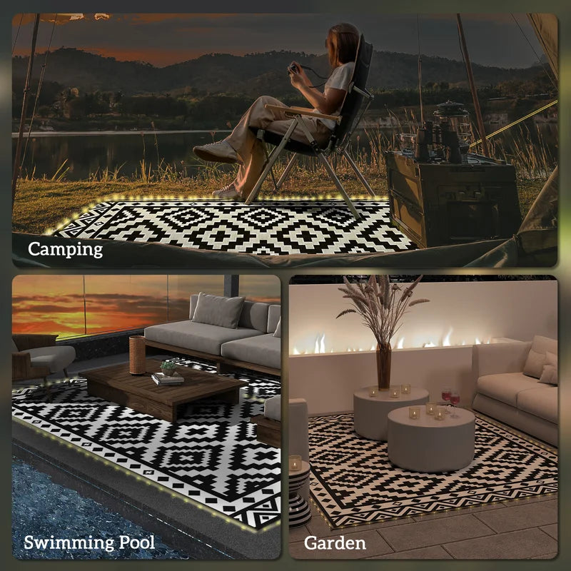 Reversible Outdoor Rug Carpet 12x9 ft with LED String Lights, Waterproof & Stain-Resistant