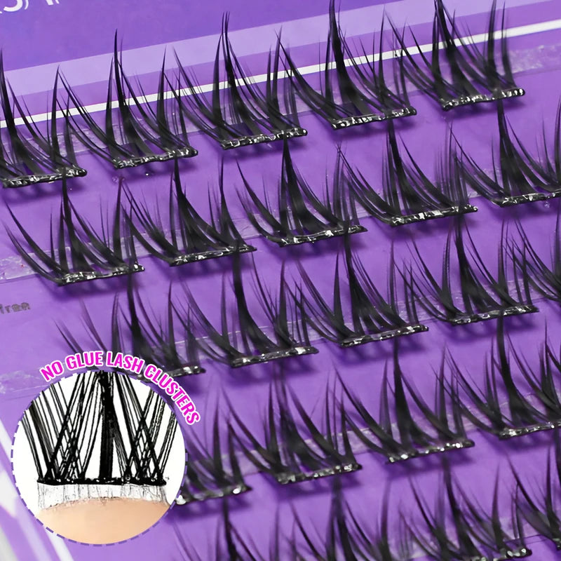 Pre-Glued Self-Adhesive Eyelash Clusters - Cat Eye Style 12mm C Curl, No Residue, Beginner Friendly