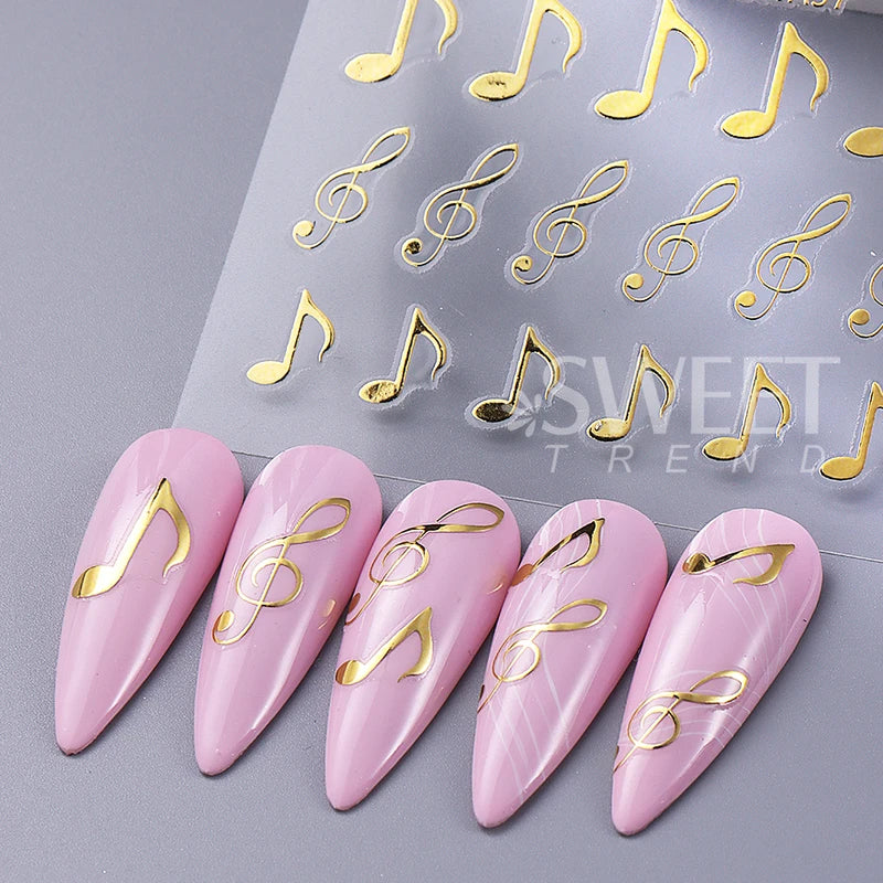 3-Pack Musical Notes Nail Stickers - Black Gold Silver 3D Holographic Decals for Nail Art