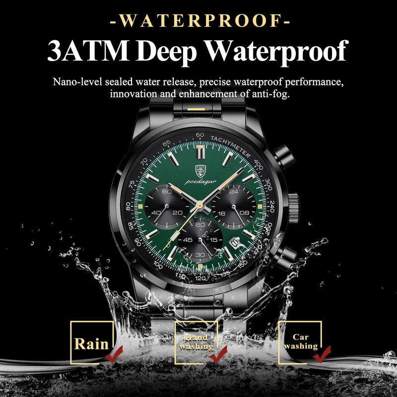 Men's Waterproof Luminous Chronograph Quartz Watch with Stainless Steel Band