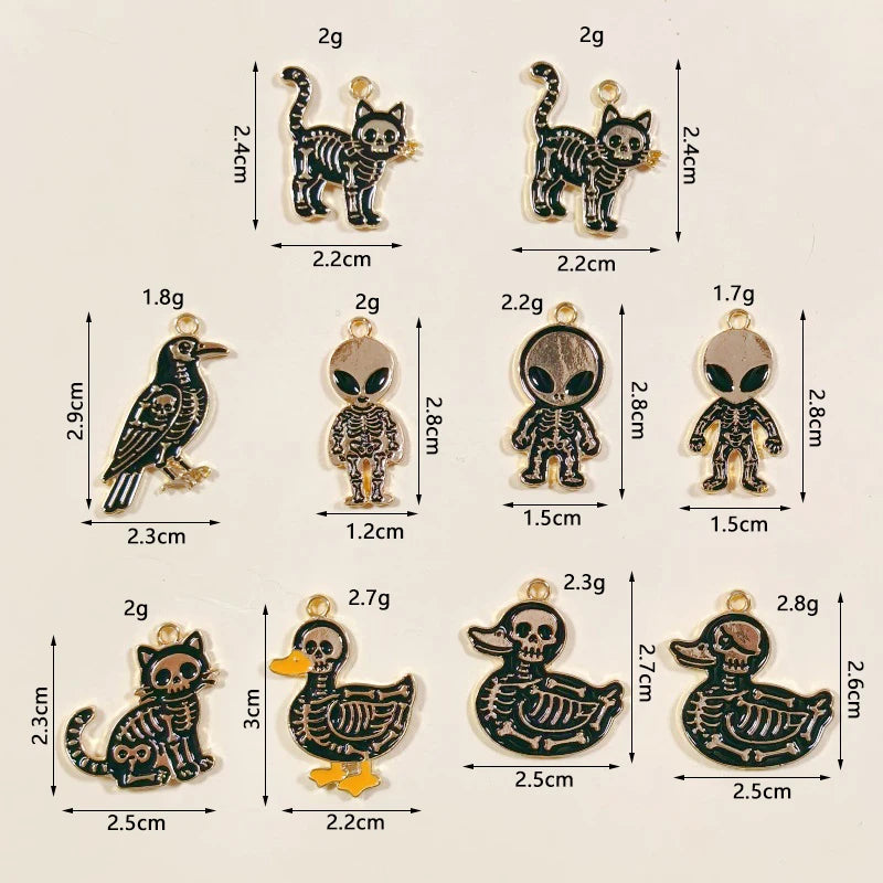 Halloween Skeleton Crow Duck Cat Alien Charms 10pcs Jewelry Pendants for Earrings & Crafts