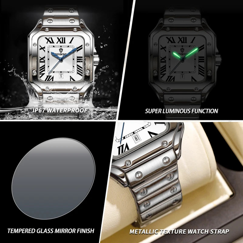 Men's Quartz Watch Waterproof Luminous Auto Date Stainless Steel Casual Wristwatch
