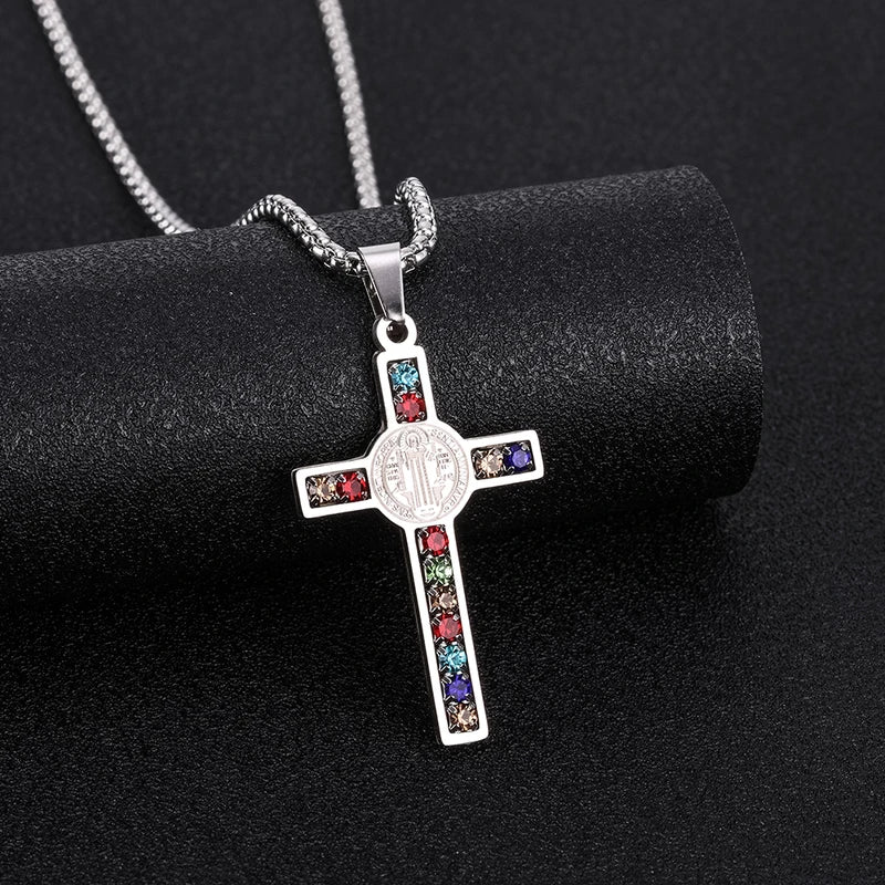 Catholic Jesus Cross Necklace Stainless Steel Pendant Saint Virgin Mary Jewelry