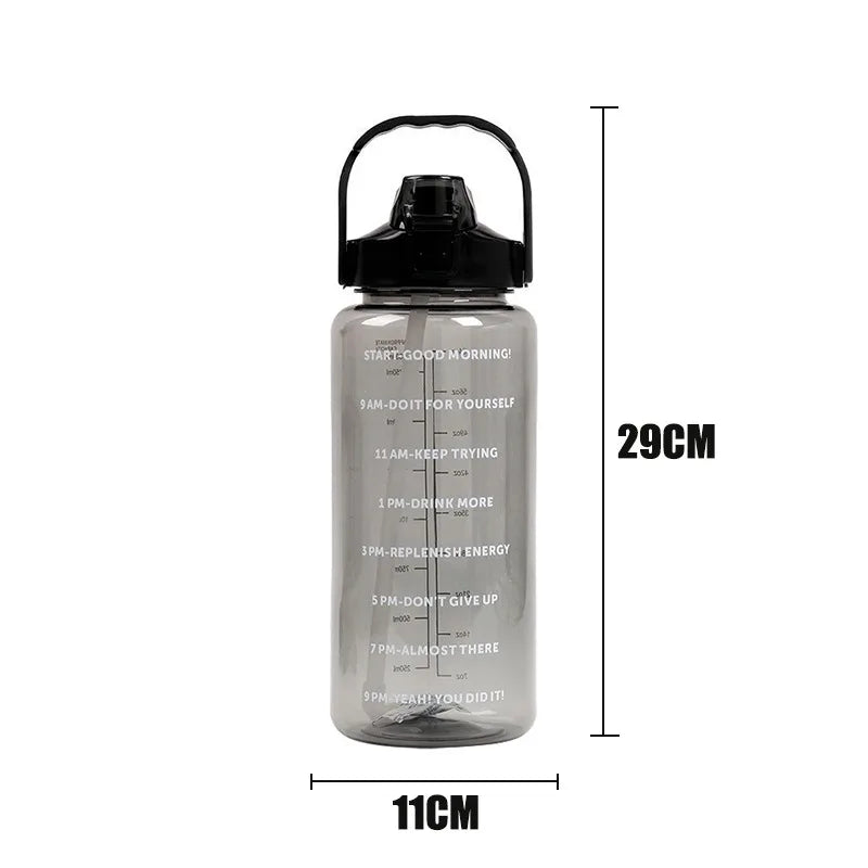 Large 2L Plastic Water Bottle with Motivational Time Markers & Silicone Straw