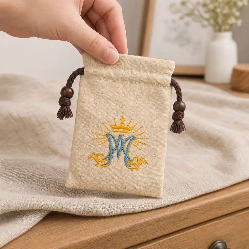 Catholic Rosary Drawstring Pouch - Cotton Canvas Reusable Embroidered Holder