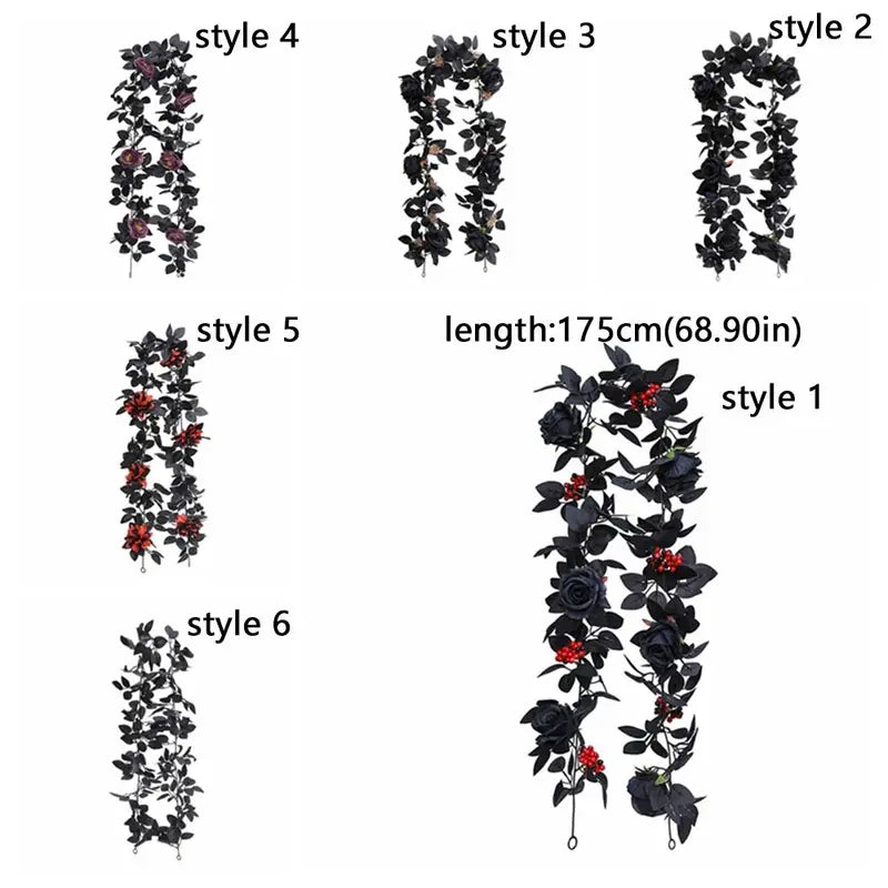 Black Halloween Rose Leaf Vines 175cm Artificial Flowers Garland for Decor