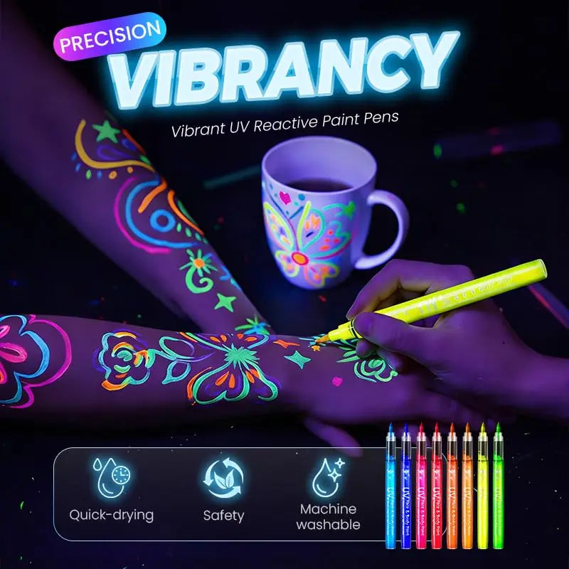 Glow in The Dark Face Paint Markers UV Neon Body Art Pens Waterproof Skin-Safe