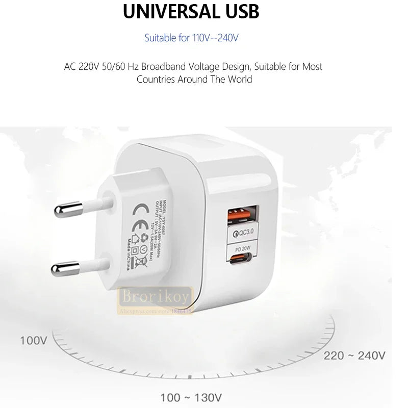 20W Fast Charging USB Wall Adapter with QC 3.0 & PD for iPhone & Samsung