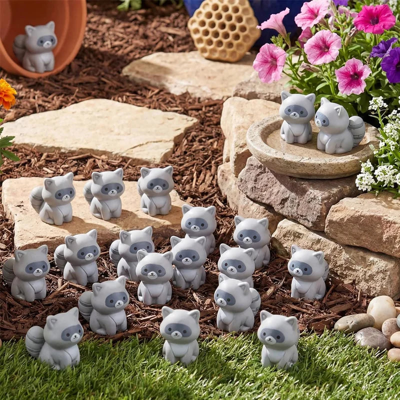 Mini Raccoon Resin Figurines Set - Small Animal Ornaments for Micro Landscape Decor