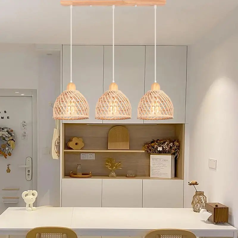 Vintage Bamboo Wicker Rattan Pendant Light Shade - Hanging Ceiling Lamp for Living Room & Kitchen