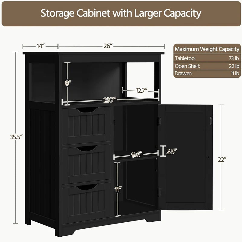Freestanding Bathroom Storage Cabinet with Drawers & Adjustable Shelf - Black