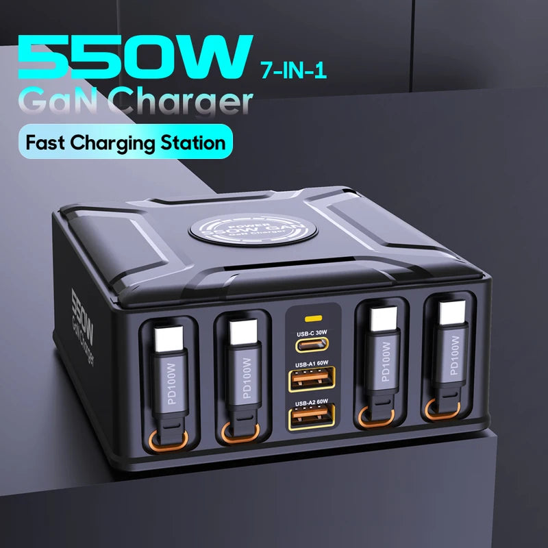 7-in-1 Charging Station with 550W GaN Fast Charger & Retractable USB C Cable