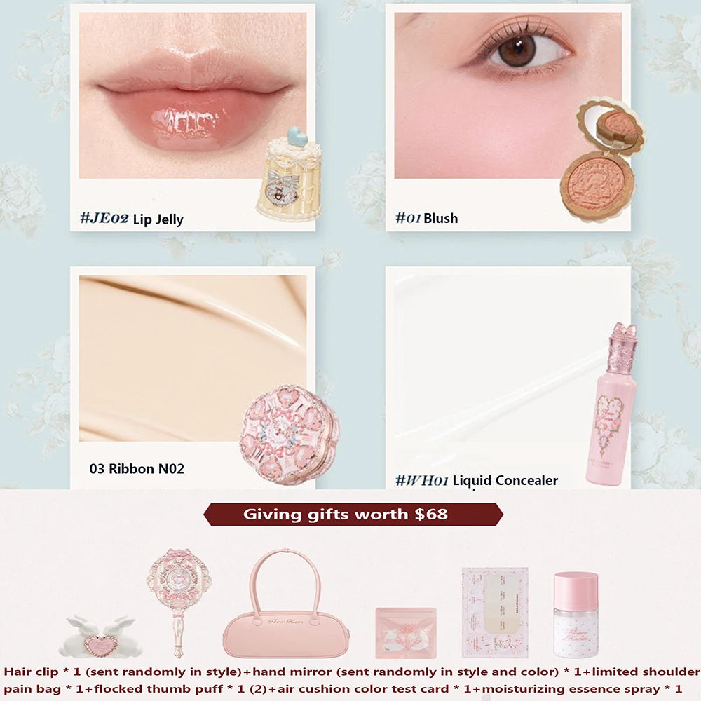 Complete Makeup Gift Set with Lip Cream Blush Cushion BB Concealer & Hydrating Essence in Cosmetic Bag