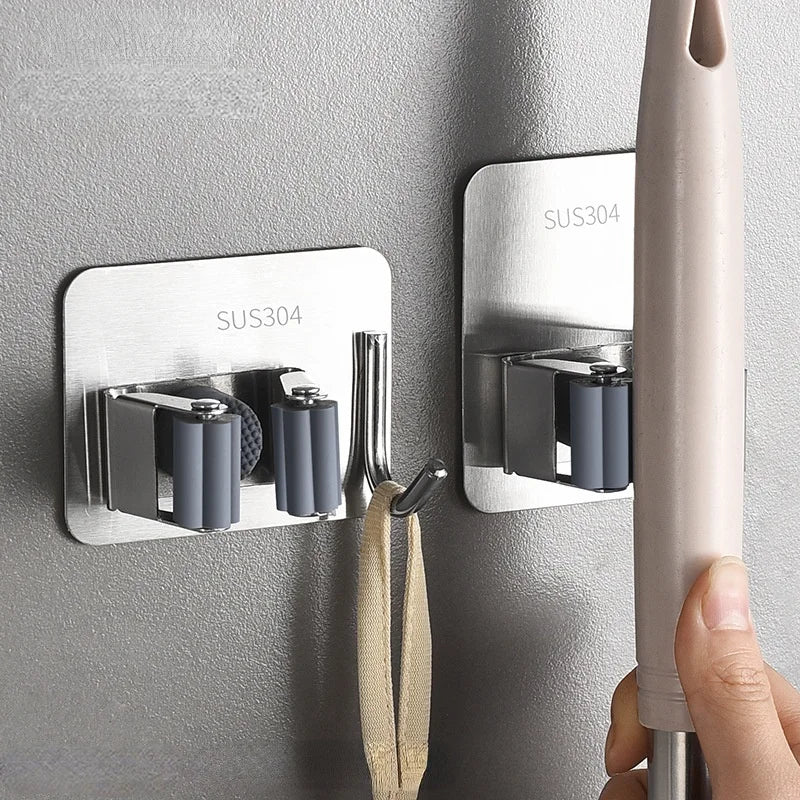 304 Stainless Steel Wall Mounted Mop Holder Hook Organizer Rack for Kitchen & Bathroom