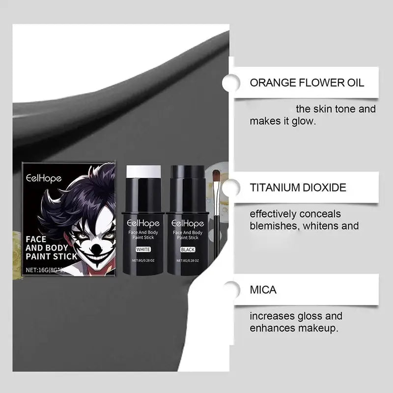 Face Body Paint Kit Black White Waterproof Long Lasting Halloween Makeup Set