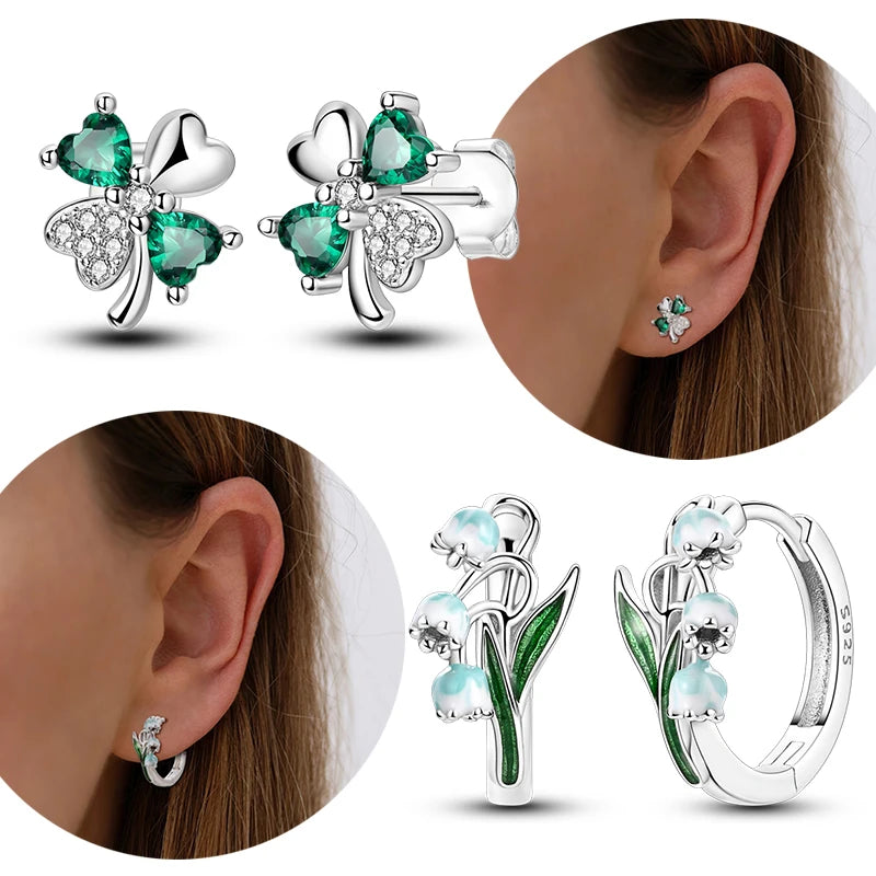 Sterling Silver Four Clover Stud Earrings with Lily of the Valley Flower for Women