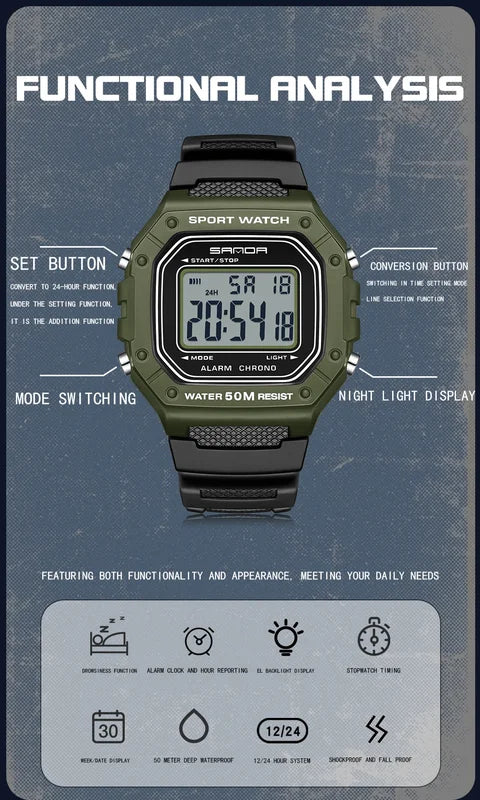 Digital Sports Watch for Men Waterproof Shockproof Military Style Stopwatch