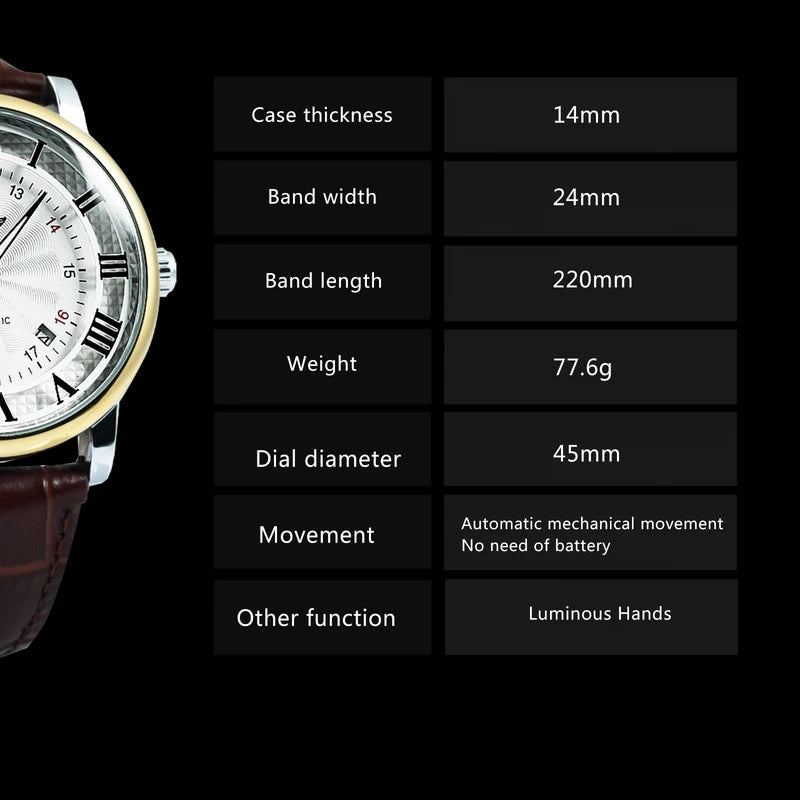 Men's Automatic Mechanical Watch with Leather Strap, Date Display, Minimalist Design