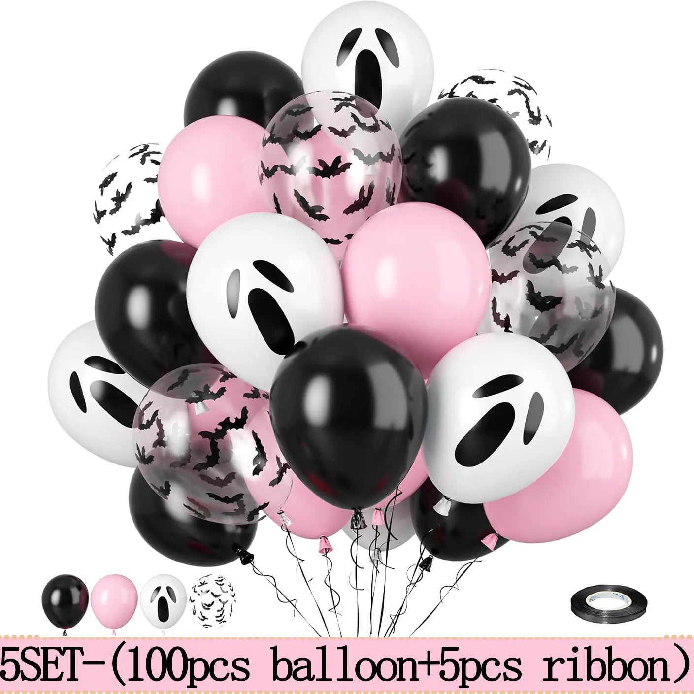 Halloween Balloons Pack - Pink Ghost, Bat Confetti, Latex Decorations for Party