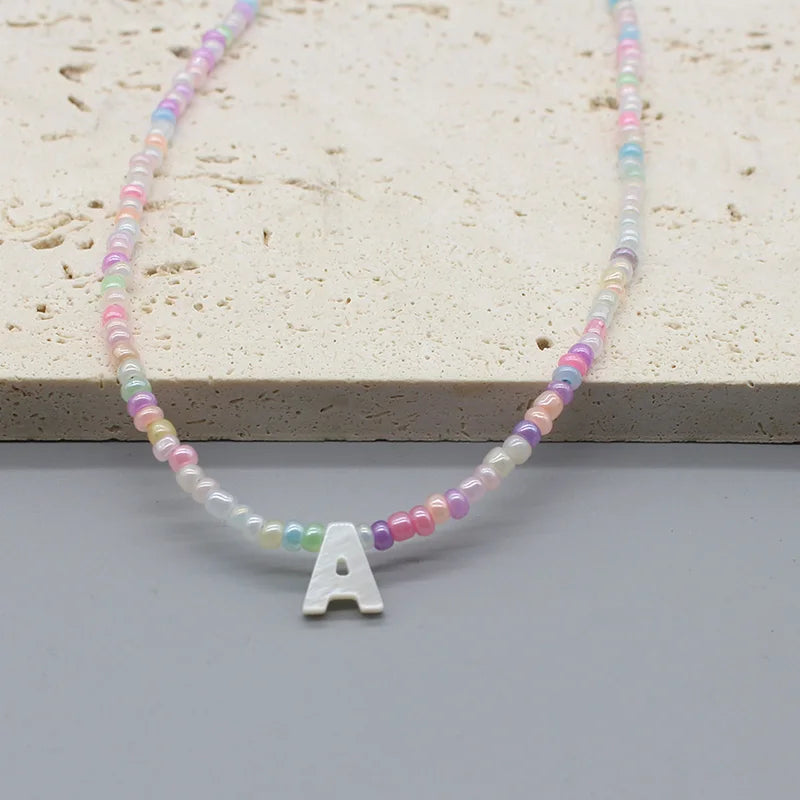 Colorful Seed Beads & Shell Letter Heart Necklace Boho Pendant Jewelry for Women