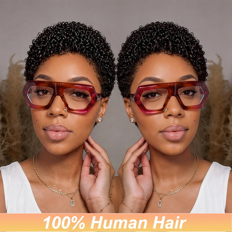 Short Kinky Curly Human Hair Wigs for Women - Afro Pixie Cut, Daily & Party Wear