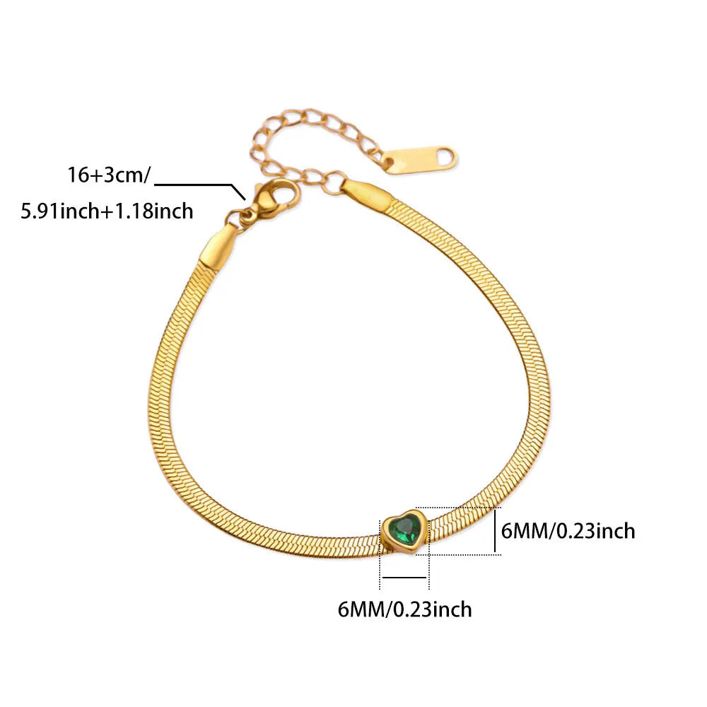 Heart Charm Zircon Birthstone Bracelet for Women Gold Tone Stainless Steel Jewelry Gift