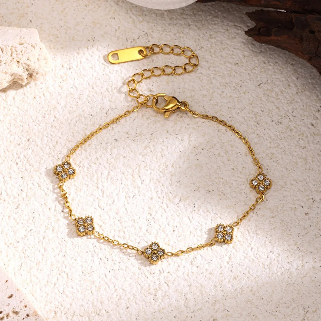 Gold Color Flower Zircon Bracelet - Hypoallergenic Stainless Steel Jewelry for Women