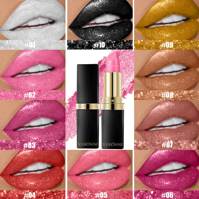 10 Color Glitter Lipstick & Lip Gloss Set - Waterproof Long Lasting Shimmer Pearlescent Lip Makeup