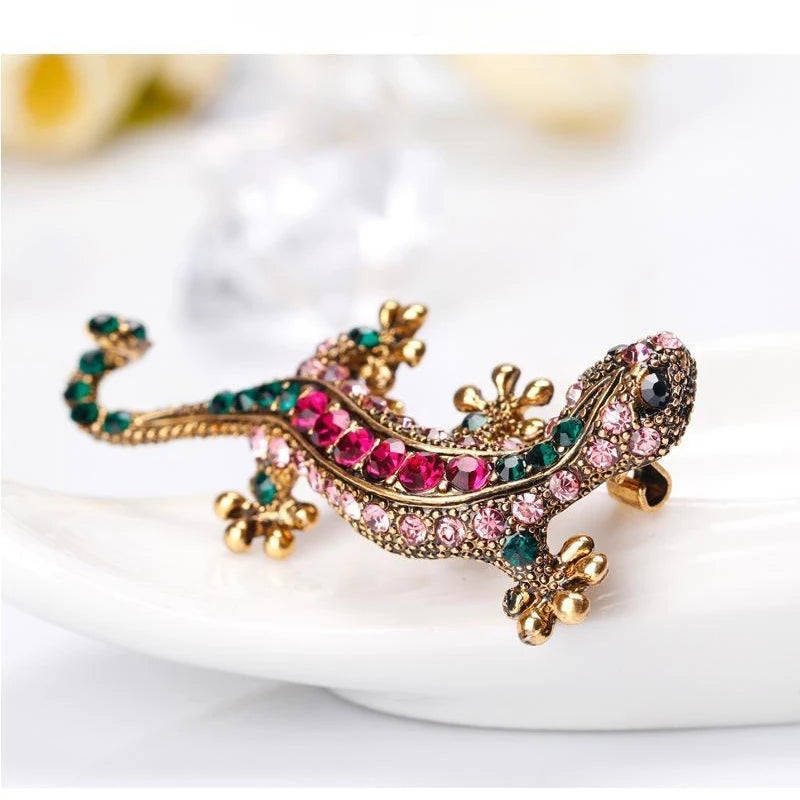 Crystal Stone Lizard Brooch with Bright Flowers and Gemstone Accents - Unisex Metal Pin