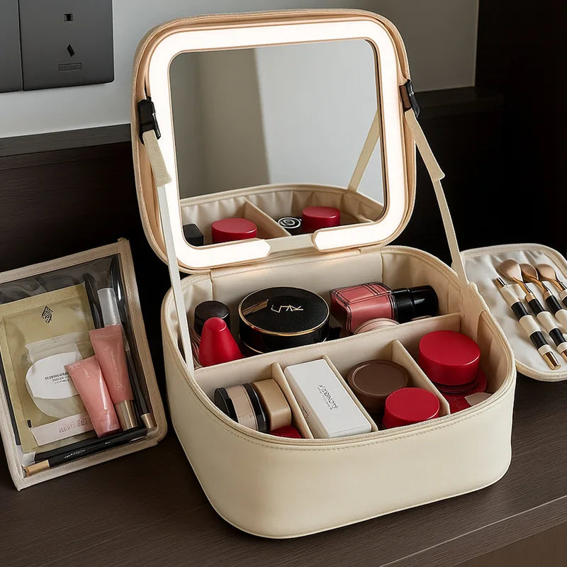 Large Capacity Travel Makeup Bag with LED Mirror and Organizer - Portable Women's Cosmetic Case